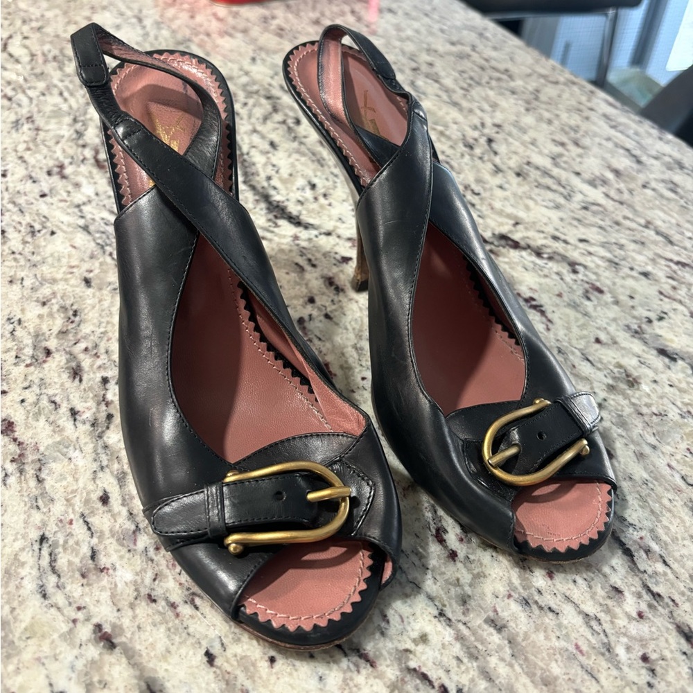 Vintage YSL Slingback Heel Shoes Yves Saint Laurent Peep Toe Buckle